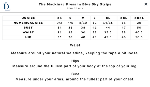 Size chart of the Duffield Lane Mackinac Dress - Blue Sky & White Stripe