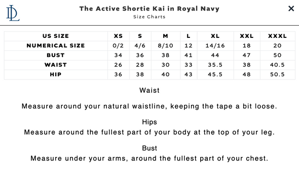 Size chart for the Duffield Lane Shortie Kai Active Dress - Royal Navy