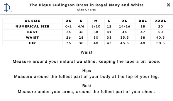 Size chart for the Duffield Lane Ludington Pique Dress - Navy/White