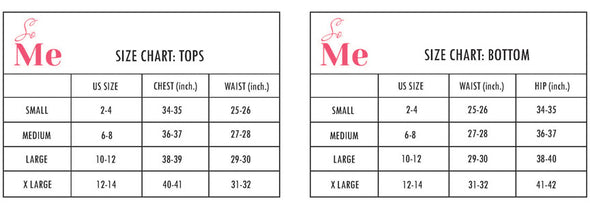 Size chart for tops and bottoms with measurements in inches.