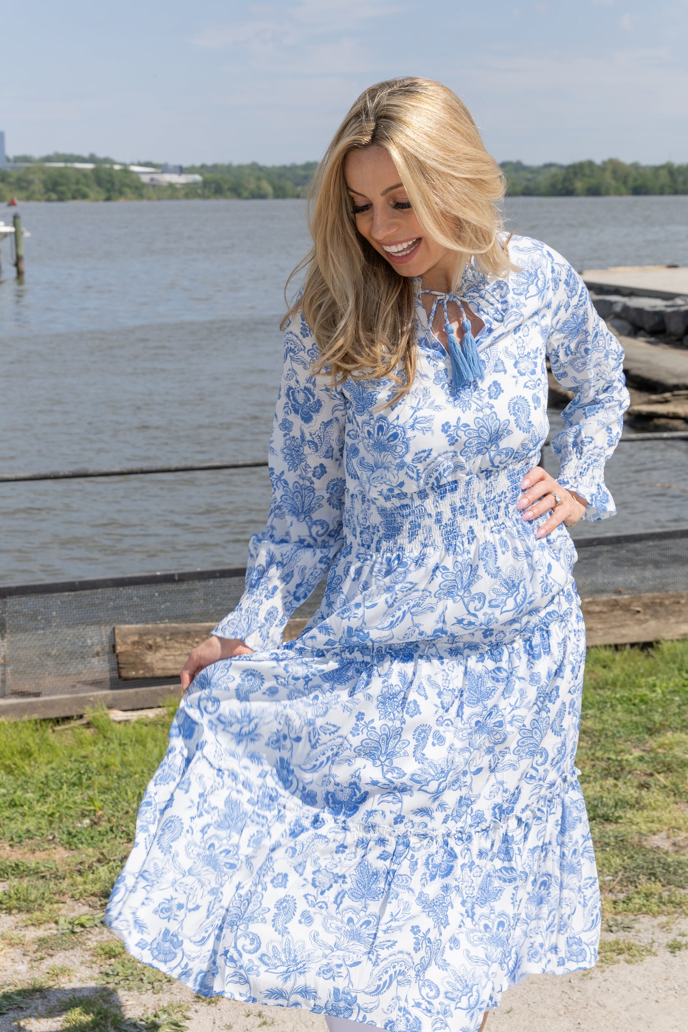 blue and white long sleeve maxi dress ASOS DESIGN high neck long sleeve a-line maxi dress in blue abstract print