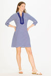 Front view of the Duffield Lane Spring Lake Anniversary Dress - Thin Navy Stripe