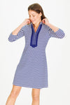 Model in the Duffield Lane Spring Lake Anniversary Dress - Thin Navy Stripe