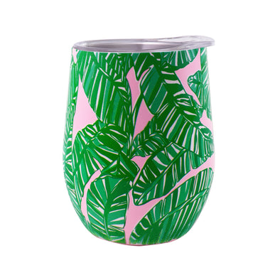 Flat view of the Lilly Pulitzer stainless steel  wine tumbler in lets go bananas 