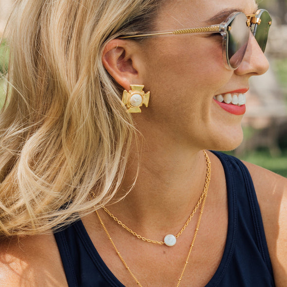 Susan Shaw Maltese Cross Pearl Stud Earrings