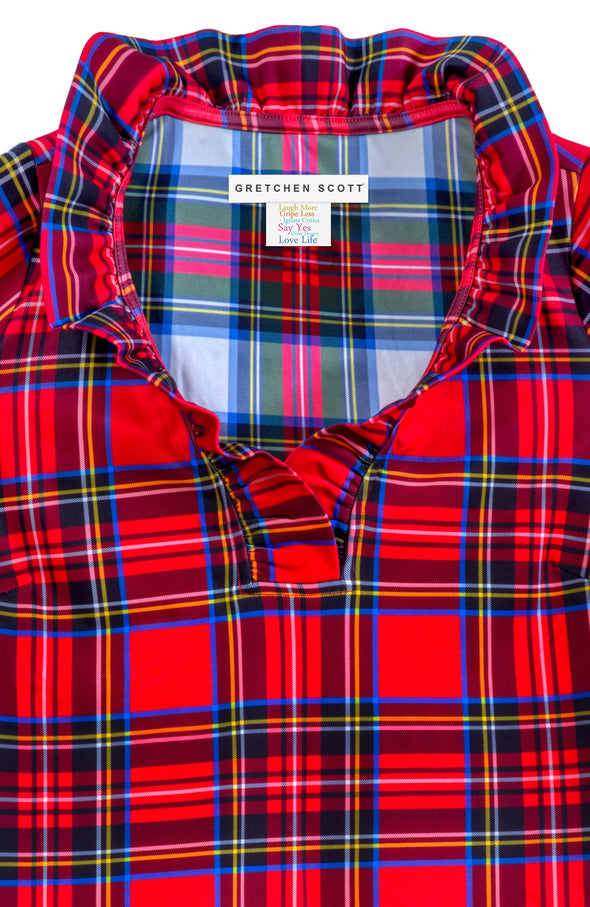 Red plaid shirt with a visible Gretchen Scott inside label on a white background