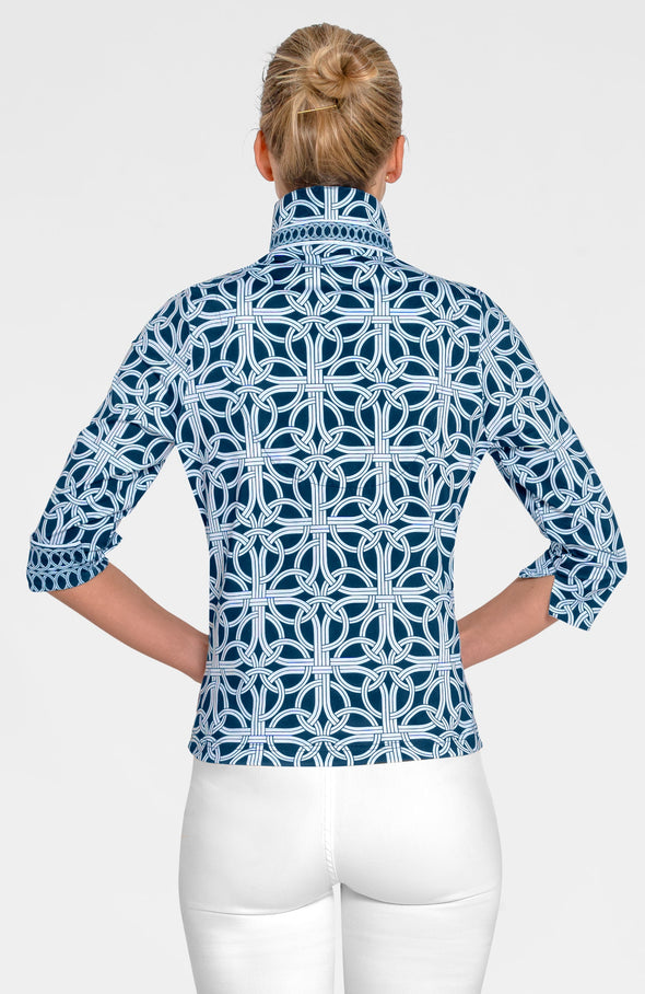 Back view of model in the Gretchen Scott Twist & Shout Top - Ring Toss - Navy