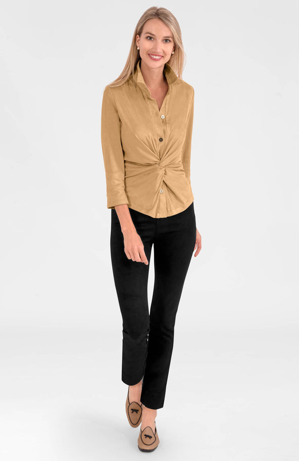 Full body view of the  Gretchen Scott Twist and Shout in Ultra Suede - Khaki