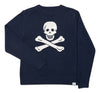 Navy blue knit crewneck sweater with a white skull and crossbones 
