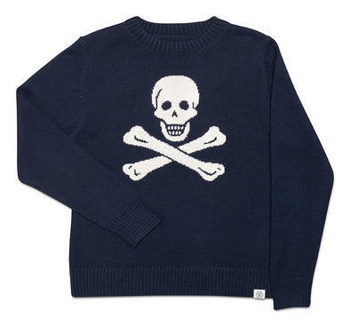 Navy blue knit crewneck sweater with a white skull and crossbones 