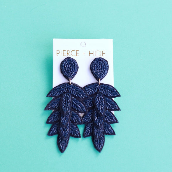 Beaded Tiered Leaf Earring - Navy