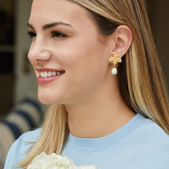 Model in the Susan Shaw Handcast Bee + Pearl Drop Earrings