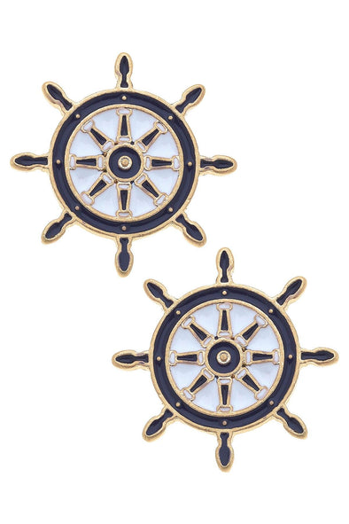 Bridget Enamel Nautical Ship's Wheel Stud Earrings - Navy & White