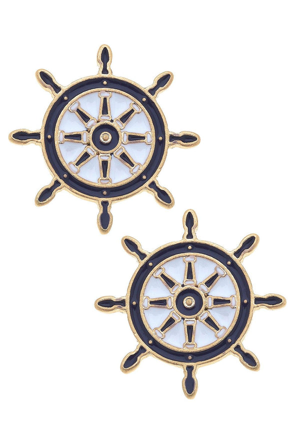 Bridget Enamel Nautical Ship's Wheel Stud Earrings - Navy & White