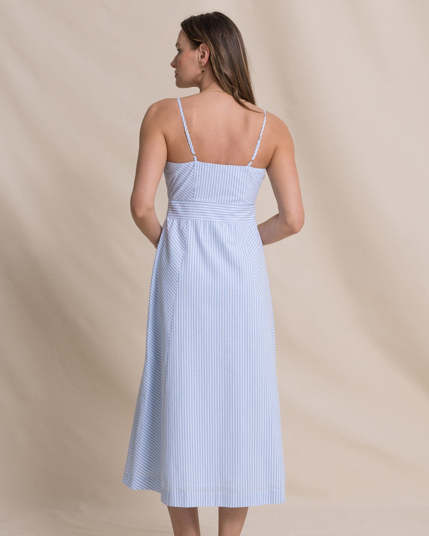 seersucker dresses for ladies Sail to Sable V-Neck Flutter Sleeve Maxi Dress BLUE IKAT PRINT / XS / CAB2324R tiered styling has a relaxed fit and flowy silhouette Striped Seer Sucker Belted Dress