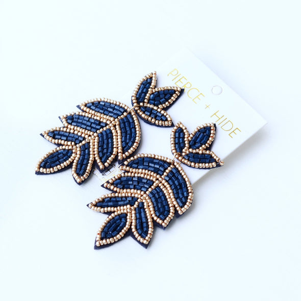 Beaded Fleur De Lis Earring - Navy
