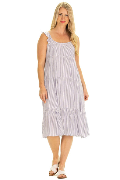 Front of Delilah Dress in Blue Stripe
