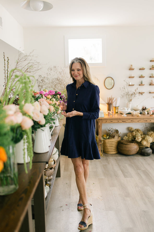 Duffield Lane Iris Drop Waist Shirt Dress - Navy Textured Floral