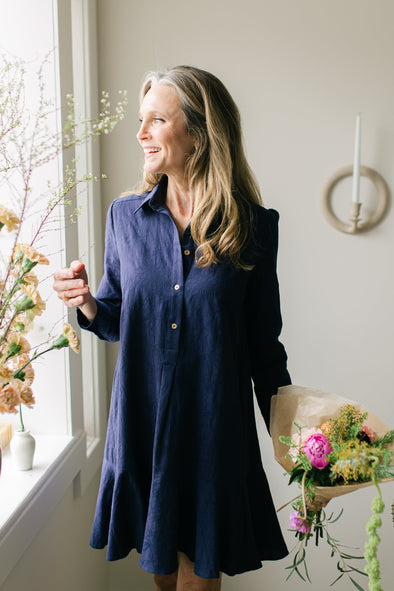 Duffield Lane Iris Drop Waist Shirt Dress - Navy Textured Floral