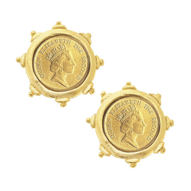 Flat view of the Susan Shaw Queen Elizabeth II Coin Stud Earrings