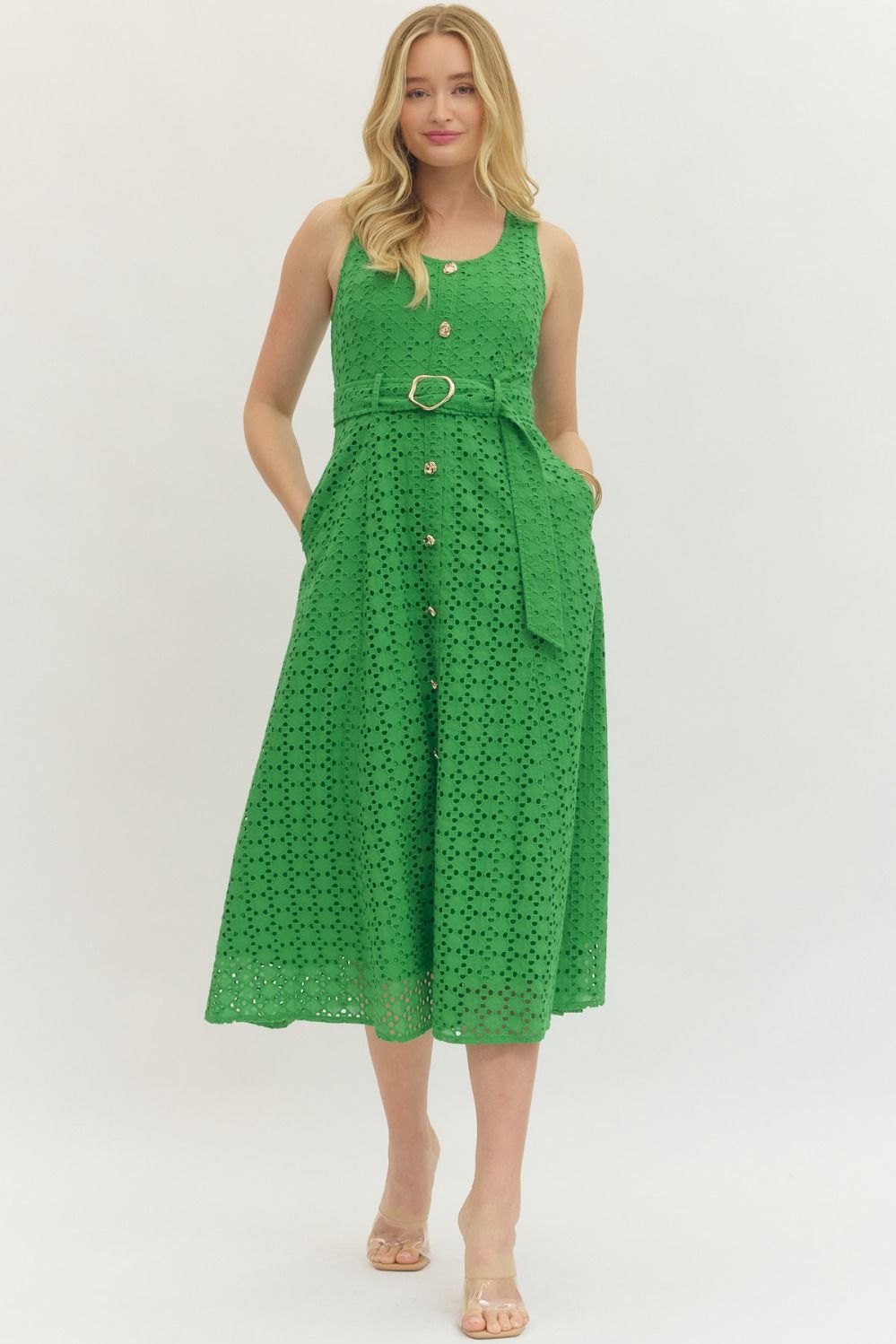 The Monaco Eyelet Midi Dress - Green Large The Monaco Eyelet Midi Dress - Green Large
