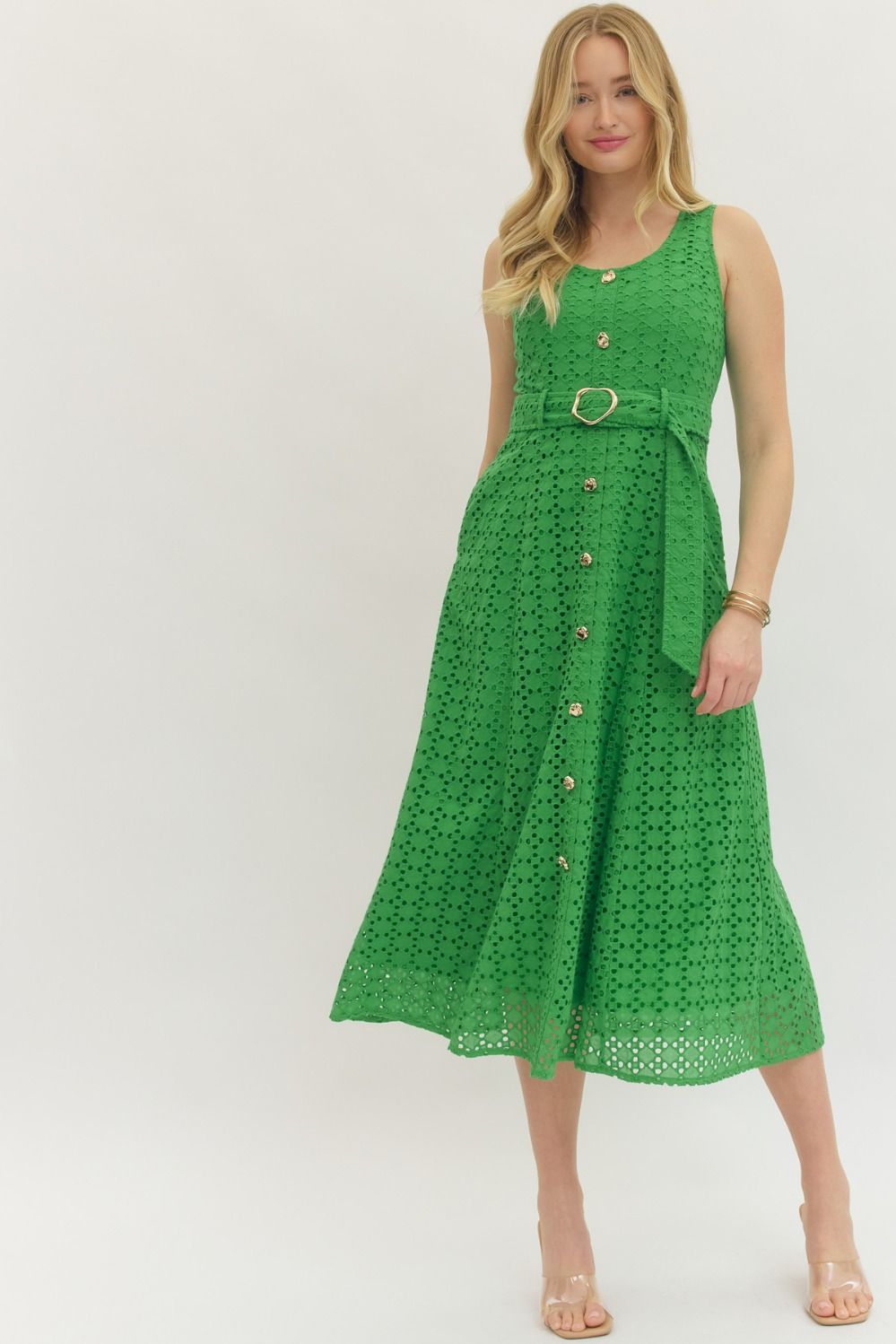 The Monaco Eyelet Midi Dress - Green Large The Monaco Eyelet Midi Dress - Green Large