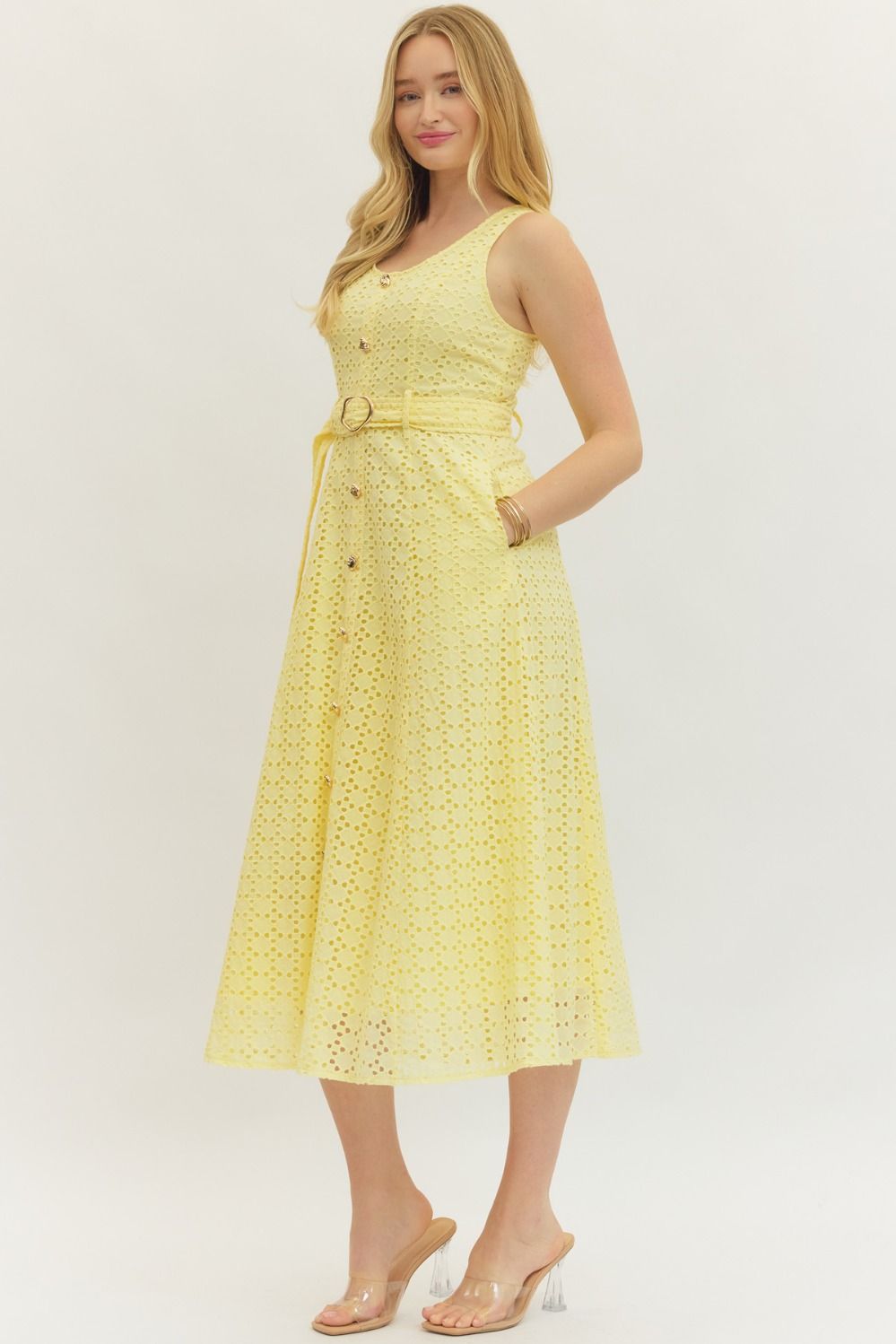 The Monaco Eyelet Midi Dress - Lemon Medium The Monaco Eyelet Midi Dress - Lemon Medium