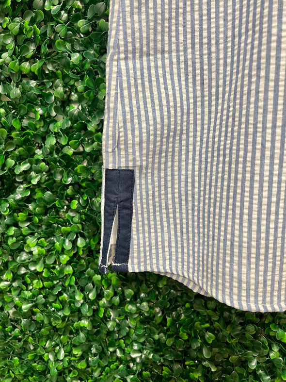 Hem of the Duffield Lane x Lucky Knot Exclusive Grand Dress - Blue Seersucker