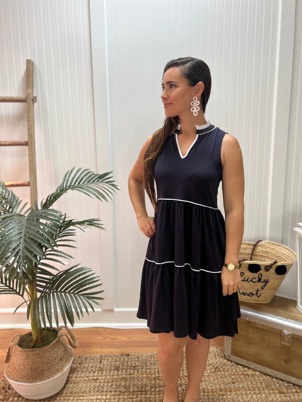 Side view of Duffield Lane Harriet Dress - Navy