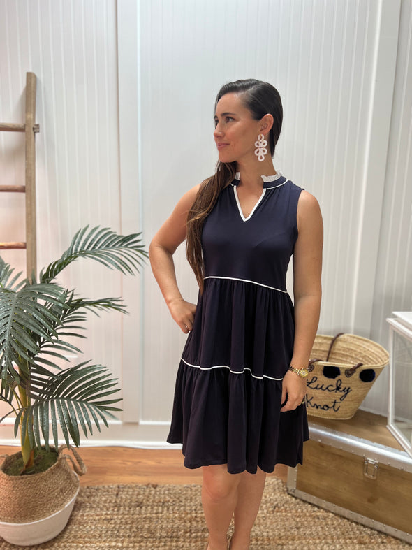 Front view of Duffield Lane Harriet Dress - Navy