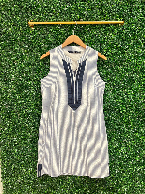 hanging front view of Duffield Lane x Lucky Knot Exclusive Grand Dress - Blue Seersucke