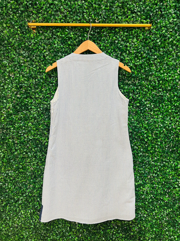 Hanging back view of Duffield Lane x Lucky Knot Exclusive Grand Dress - Blue Seersucker