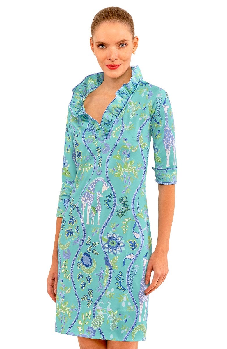 Gretchen Scott Ruffneck Dress in Turq / White XS by Island Trends Gretchen Scott Ruffneck Dress in Turq / White XS by Island Trends