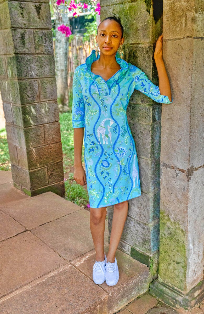 Gretchen Scott Ruff Neck Jersey Dress Jungle Symphony Turquoise/White Small