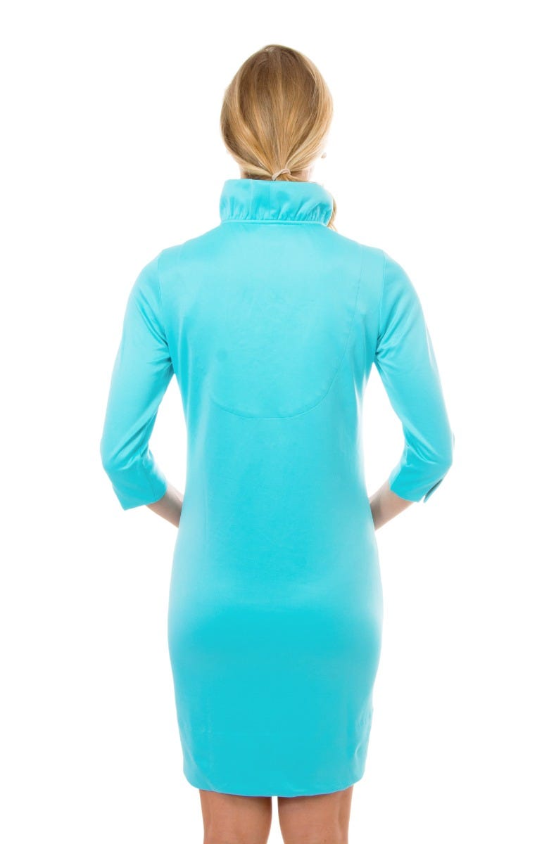 Gretchen Scott Ruff Neck 3/4 Sleeve Jersey Dress in Solid Turquoise X-Large Gretchen Scott Ruff Neck 3/4 Sleeve Jersey Dress in Solid Turquoise X-Large