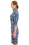 Side view of the Gretchen Scott Twist & Shout Dress - Circle Of Love - Navy/White