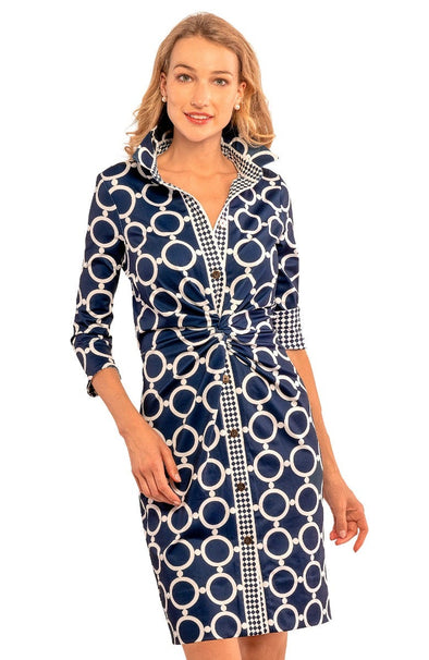 Model wearing Gretchen Scott Twist And Shout Dress in Dip & Dots Navy/White