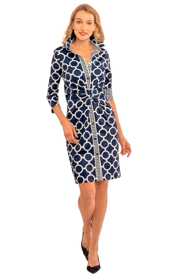 Full body view of Gretchen Scott Twist And Shout Dress in Dip & Dots Navy/White