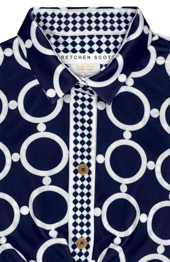 Close up view of contrast navy and white patterns of the Gretchen Scott Twist And Shout Dress in Dip & Dots print