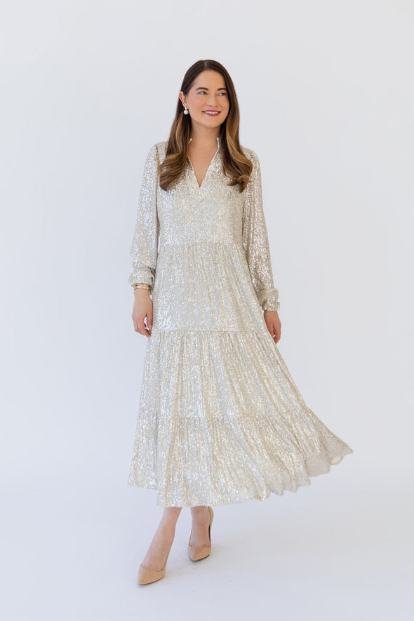 Silver Anne Sequin Midi Dress Silver / M / SCH23124 Silver Anne Sequin Midi Dress Silver / M / SCH23124