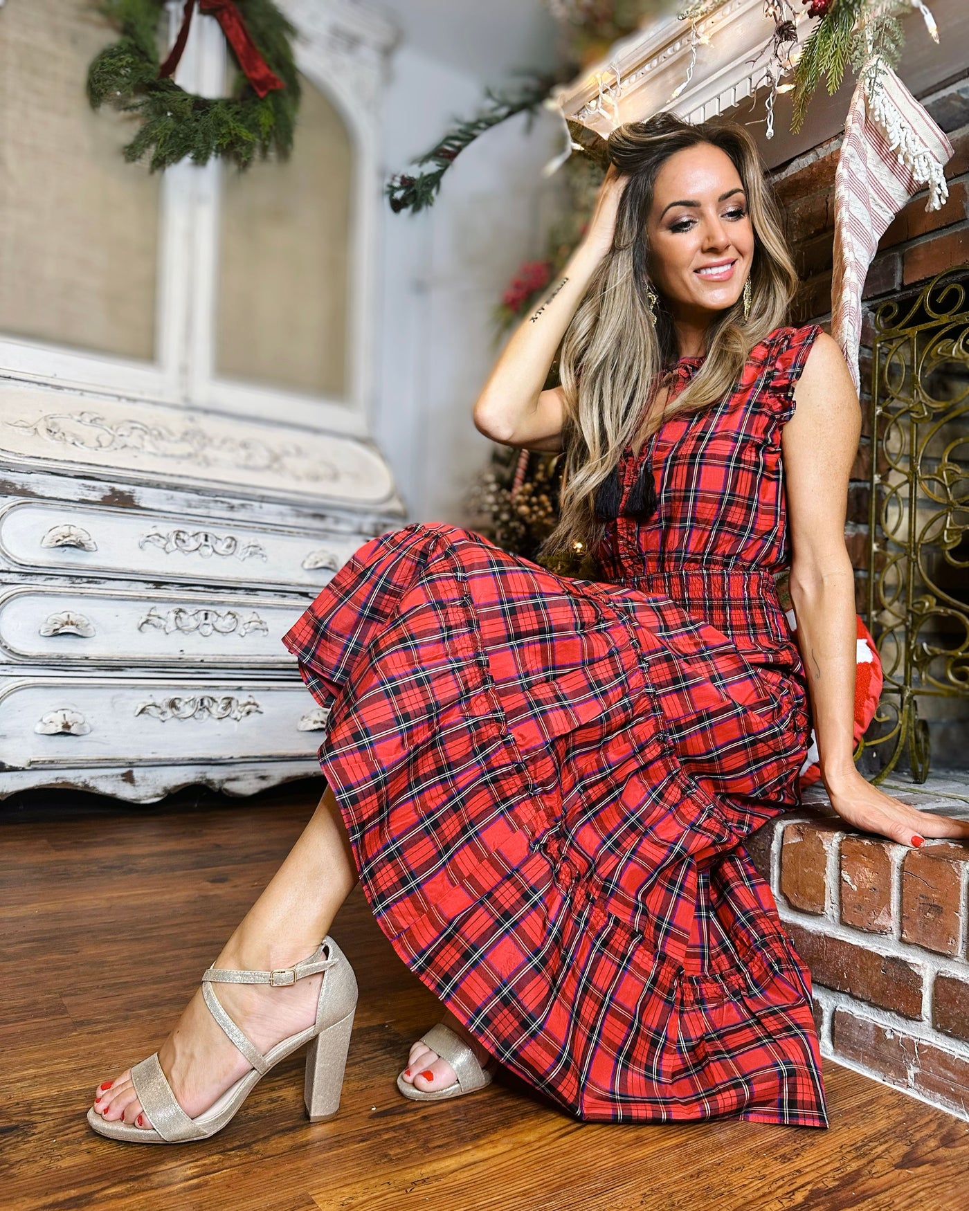 Sail to Sable Flutter Sleeve Midi Dress in Red Tartan THE LUCKY KNOT Sail to Sable Flutter Sleeve Midi Dress in Red Tartan THE LUCKY KNOT