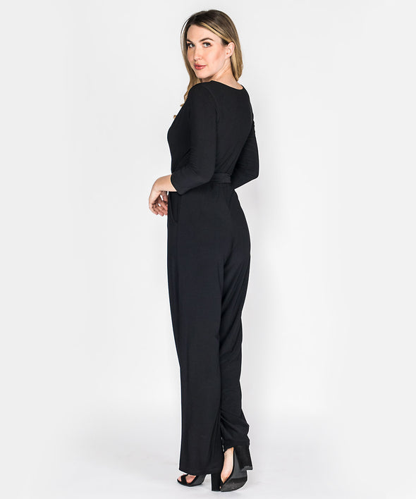 Back View of Last Tango 3/4 Sleeve Jumpsuit in Black