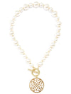 Zenzii Ornate Pendant Chunky Pearl Necklace on white background