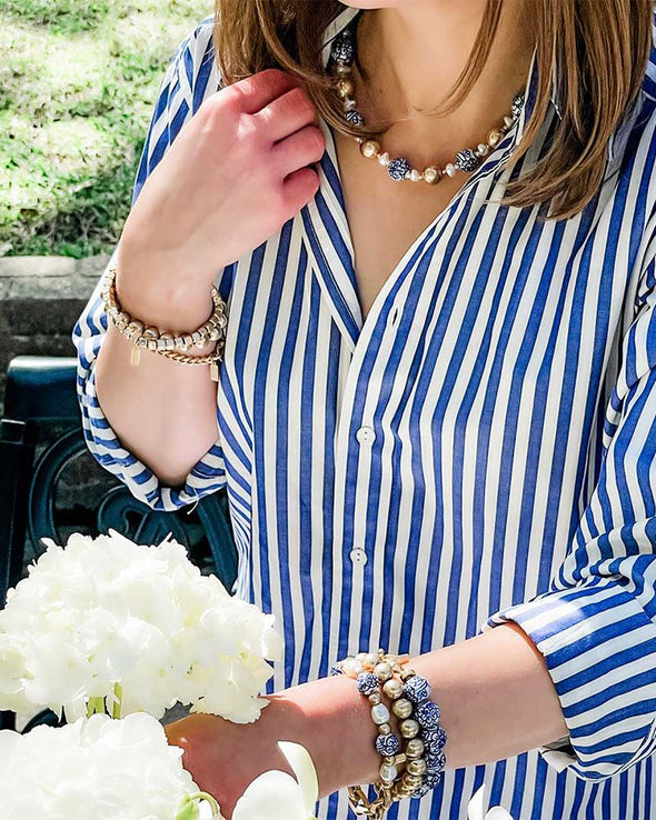 Paloma Chinoiserie & Ball Bead Necklace - Blue & White