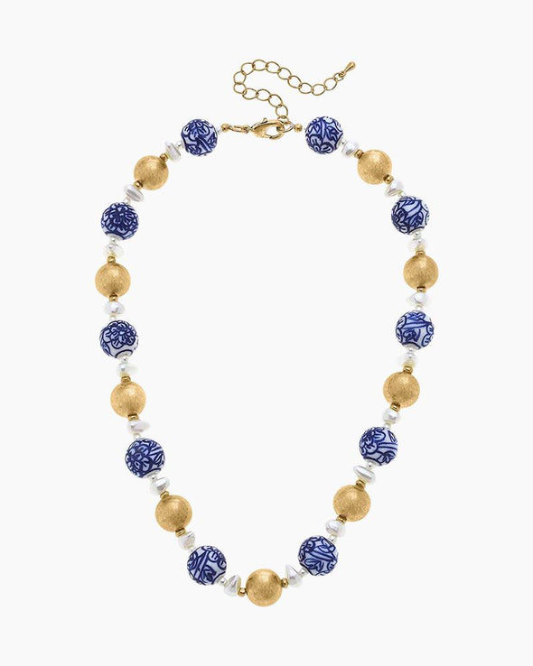 Paloma Chinoiserie & Ball Bead Necklace - Blue & White