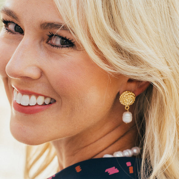 Model in the Susan Shaw Pearl Rope Clip On Earrings