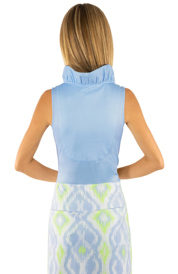 Back view of Gretchen Scott Ruff Neck Sleeveless Jersey Top in Periwinkle