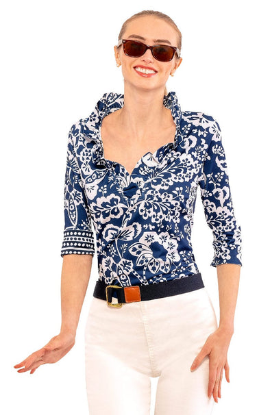 Gretchen Scott Ruff Neck 3/4 Sleeve Jersey Top - Navy Flora