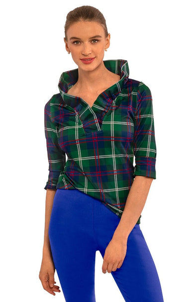 Front view of the Gretchen Scott Ruff Neck Top - Middleton Plaid - Green