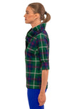 Side view of the Gretchen Scott Ruff Neck Top - Middleton Plaid - Green